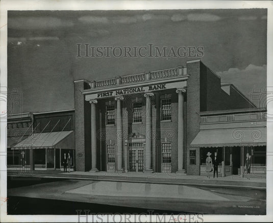 1965, Drawing of First National Bank in Union Springs, Alabama - Historic Images