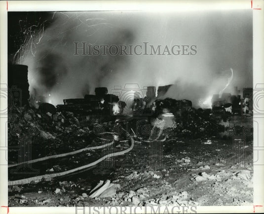 1981, Firemen battle blaze at Damsky Paper Company, Alabama - Historic Images