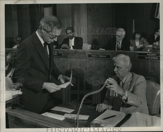 1985 Jack Bailey at microphone at Birmingham City Council - Historic Images
