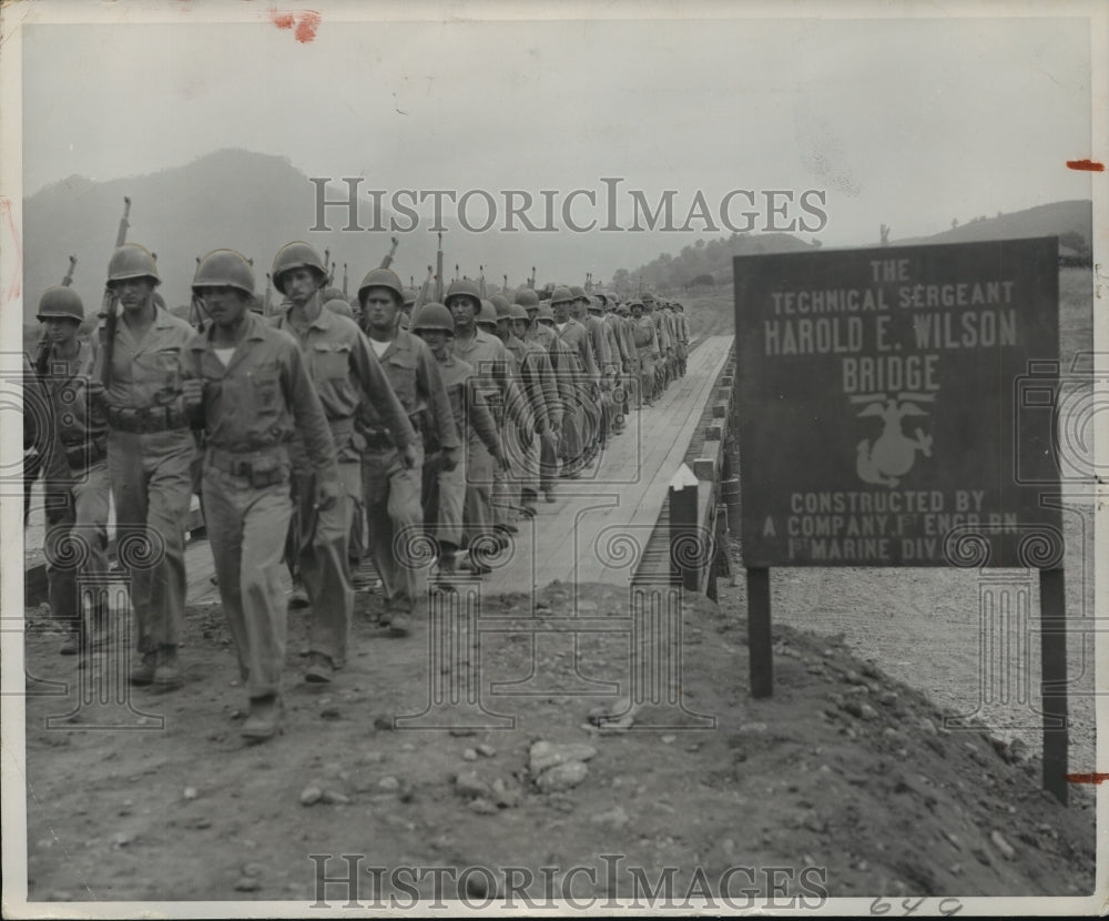 1951, Marines march on Harold Wilson Bridge in Korea - abna23501 - Historic Images