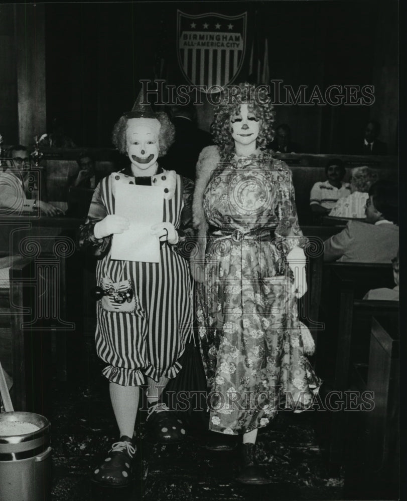 1979 Clown Twiddle and Timo at City Council meeting, Birmingham - Historic Images
