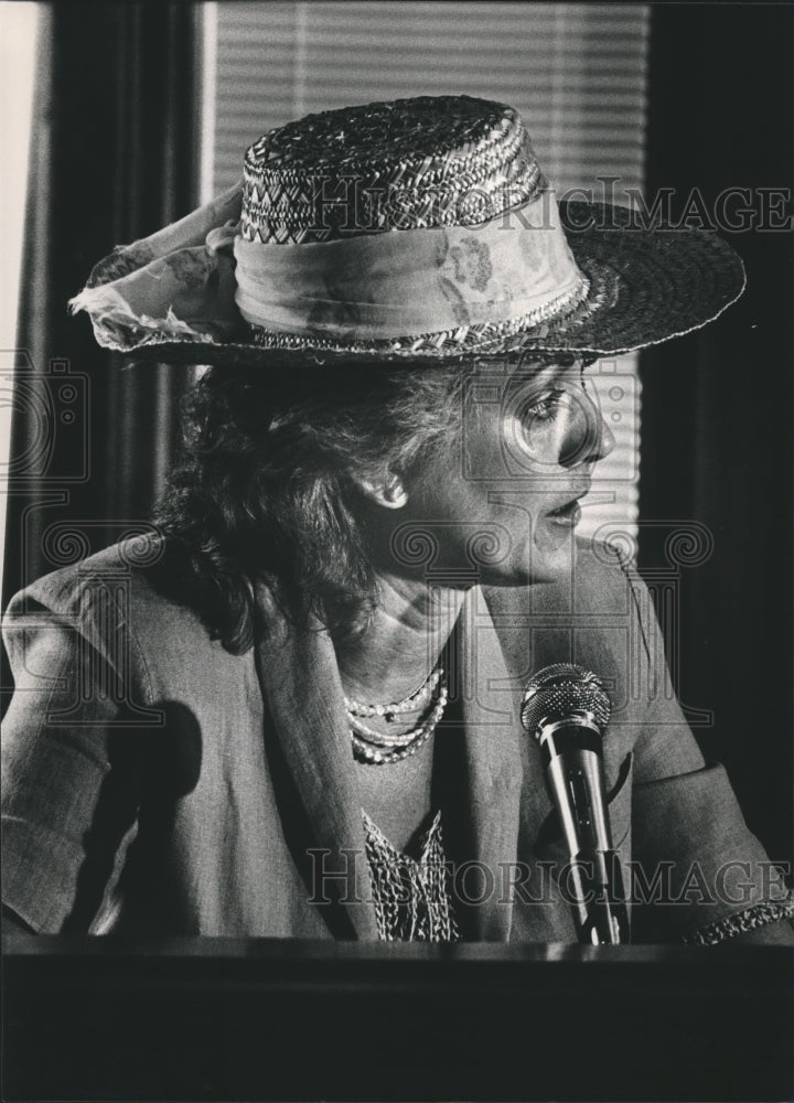 1983, Betty Collins at microphone - abna24699 - Historic Images