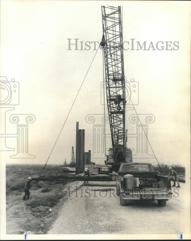 1989 Naval Station, Causeway Construction Workers with Crane - Historic Images