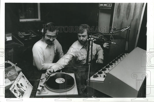 1980, Disc Jockeys Bob Watson, Doug McCain at Radio Station - Historic Images