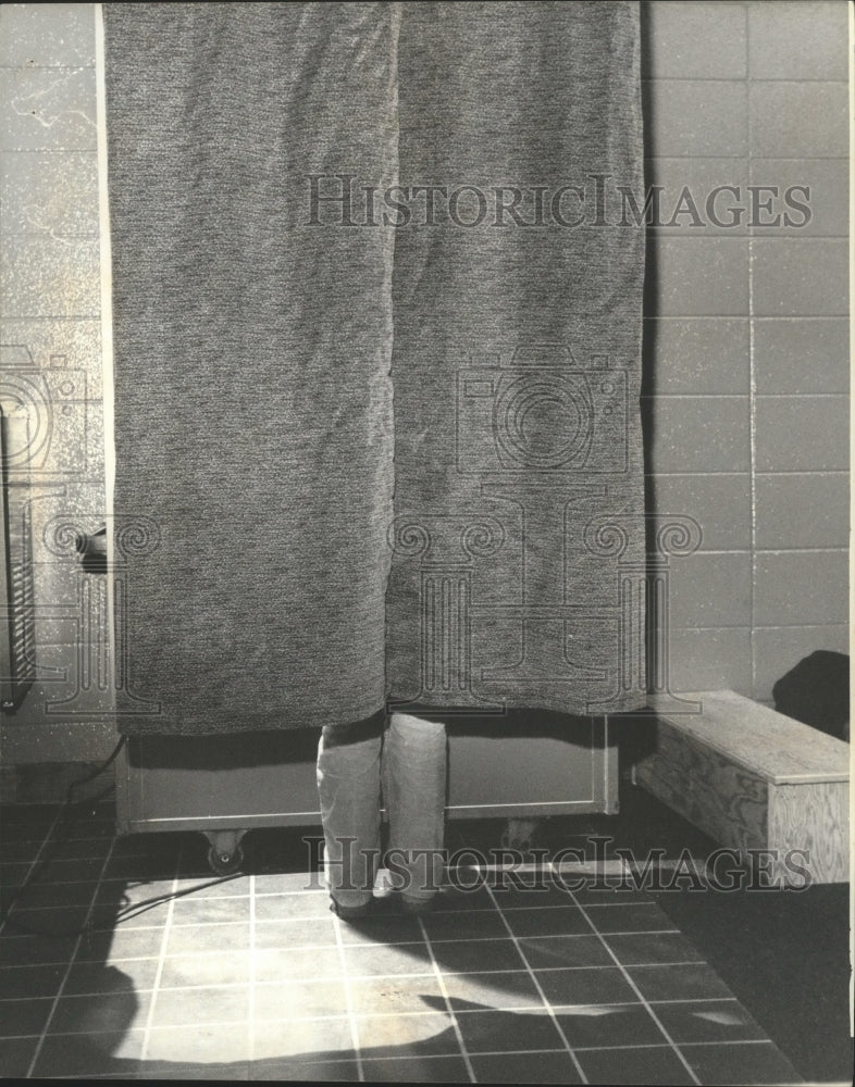 1979, Voter Behind Curtain at Voting Booth - abna26552 - Historic Images