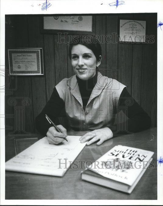 1982, Ms. Jane Drake, sits at her desk, visited Russia - abna27614 - Historic Images