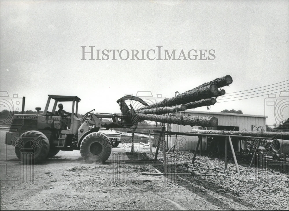 1978, machine moving logs, Koppers Company, Elmore County, Alabama - Historic Images