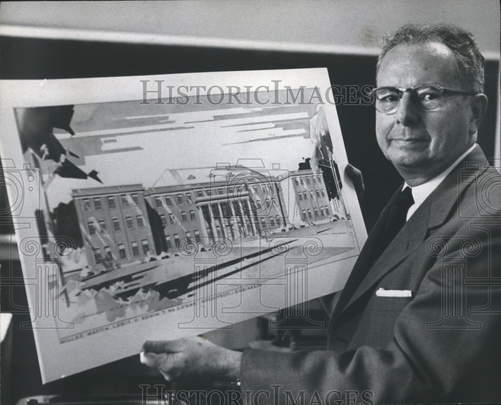 1960 Press Photo J. R. Cudworth, Dean of University of Alabama with Drawings - Historic Images