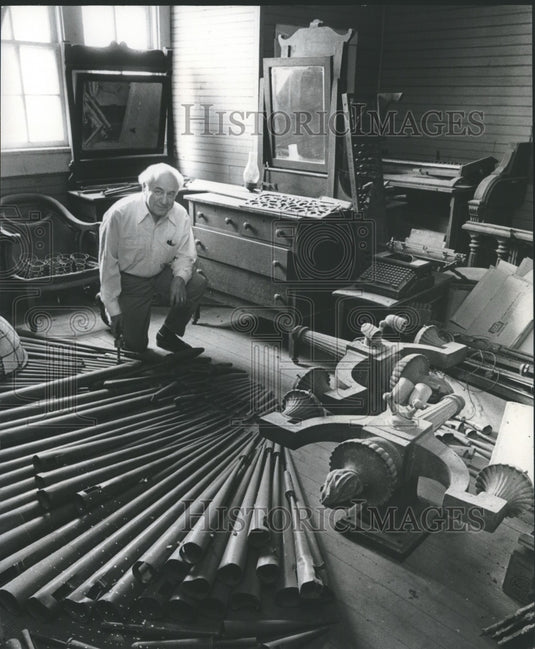 1977, Norville Hall builds Organ, Pipes in Storage Room - abna30324 - Historic Images