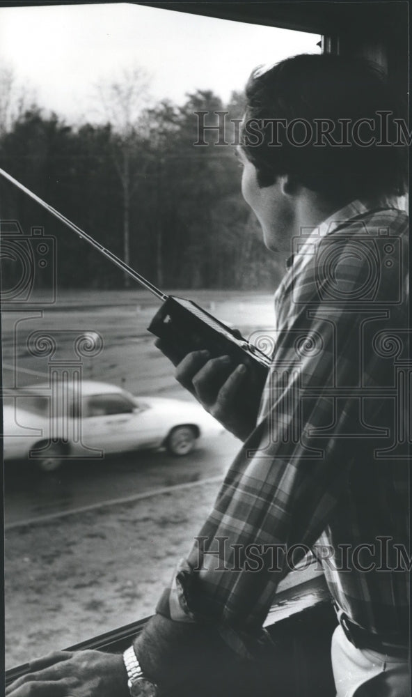 1982, Driver Education Teacher Tommy Morton in control tower talks - Historic Images