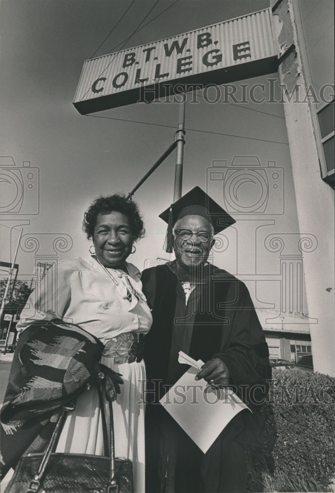 1988 Yvonne Turner, Dr. A.G. Gaston at B.T.W.B College Sign - Historic Images