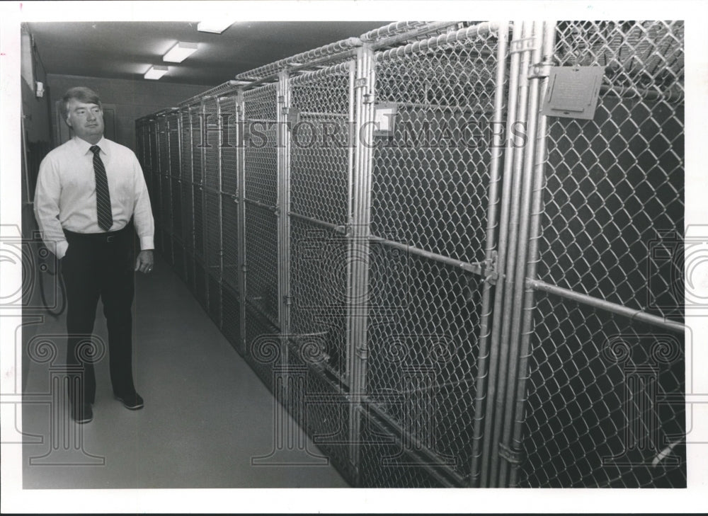 1988, Doctor Jim Erwin looking over boarding pens at his new clinic - Historic Images