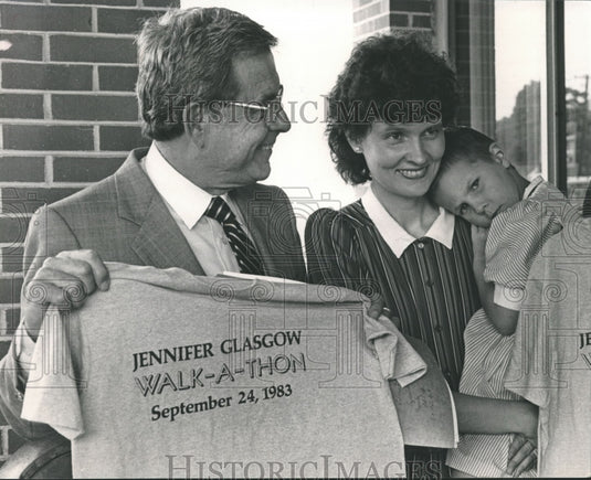 1983 Senator Denton with T-shirt for Jennifer Glasgow Day in Tarrant - Historic Images