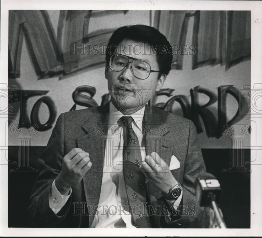 1989, Restaurant Owner Herbert Hsu at Press Conference, Alabama - Historic Images