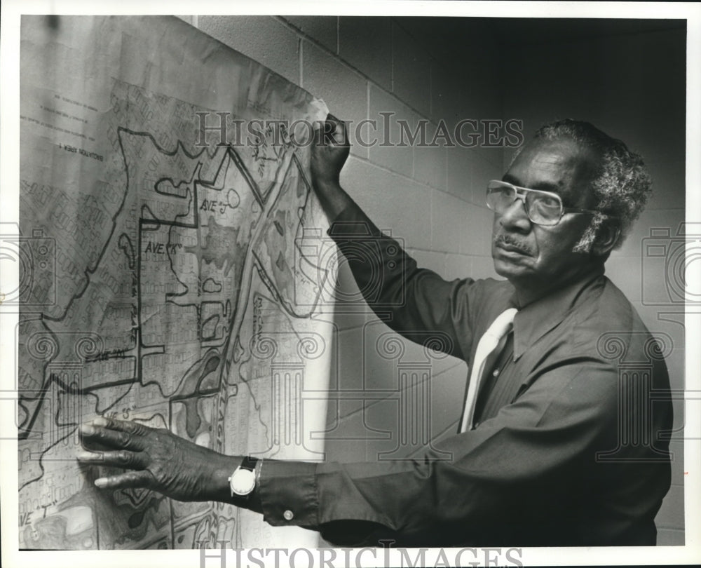 1961, James Johnson, president of Coalition Village Creek at map - Historic Images