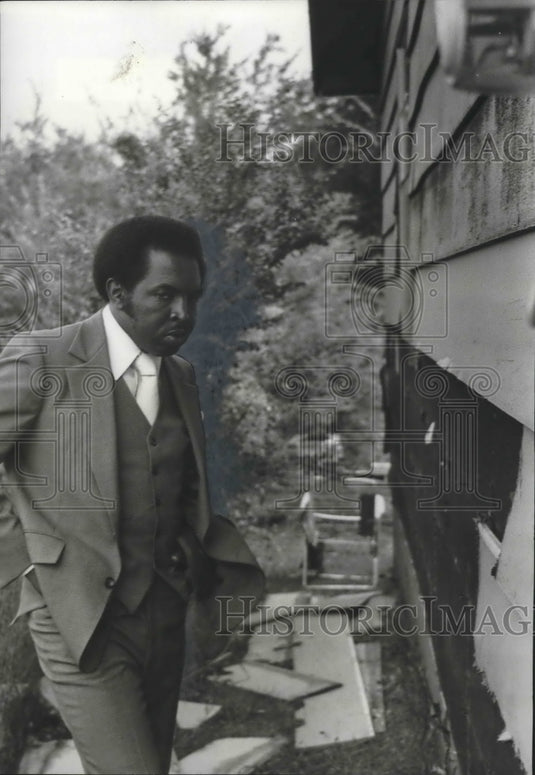 1978, Reverend Hosea Agee Looks at Vandalism to Home, Alabama - Historic Images