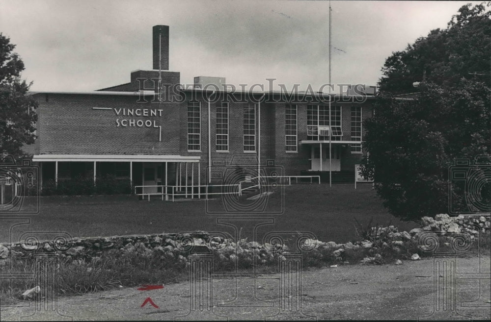 1989, Vincent High School, Exterior View of School and crashed wall - Historic Images