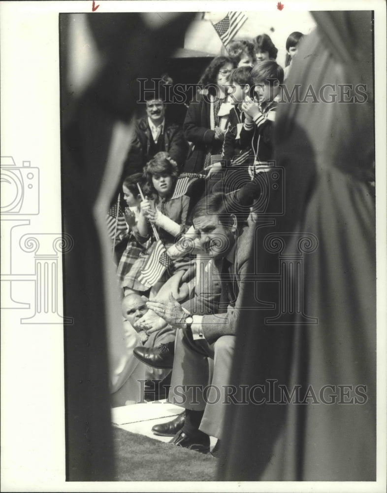 1980, Alabama Governor Fob James listens to evangelist Falwell - Historic Images