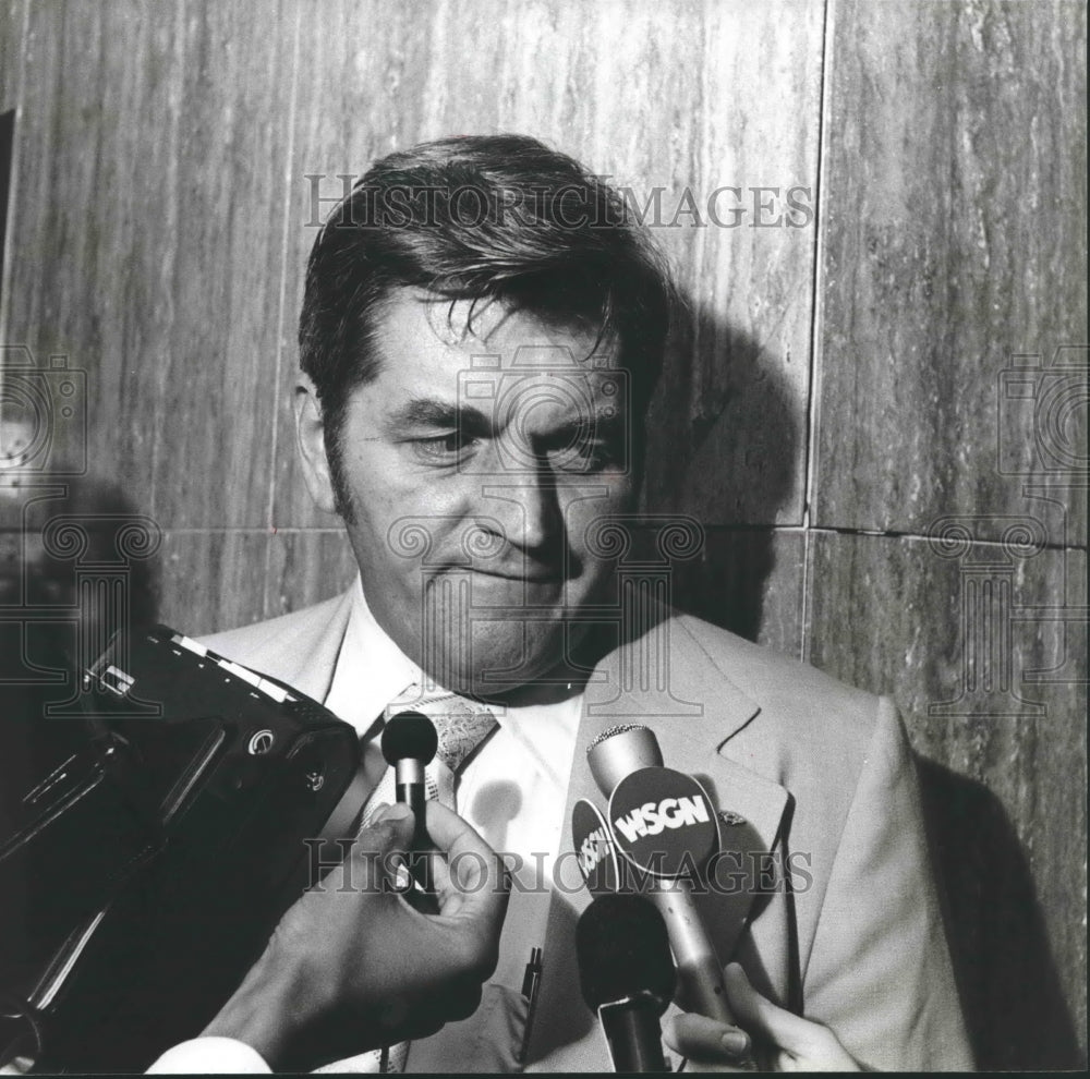 1979, Billy Gray surrounded by reporters after council vote, Alabama - Historic Images