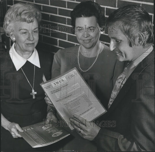 1972, YWCA Mrs. T. Rice & Miss Ethel Gibson with Jim Pigman, YMBC - Historic Images