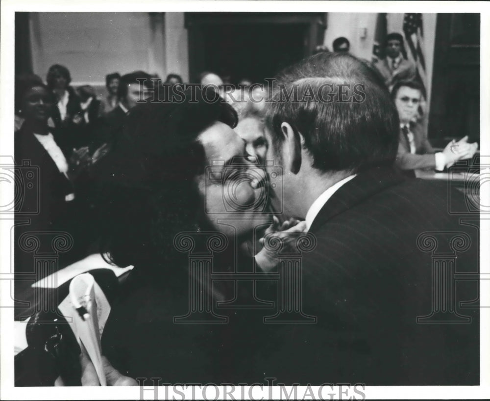 1981, Mrs. Jim Folsom, greets Governor James with a kiss, Alabama - Historic Images