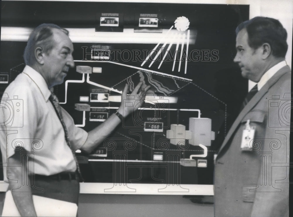 1975, William Lucas shows Bob Jones how home is solar heated, Alabama - Historic Images