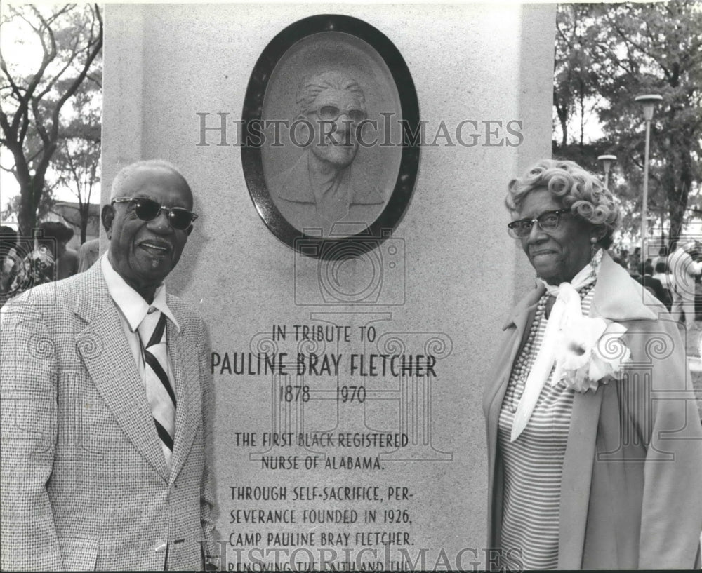 1979 Pauline Bray Fletcher, stands by monument in her honor, Alabama-Historic Images