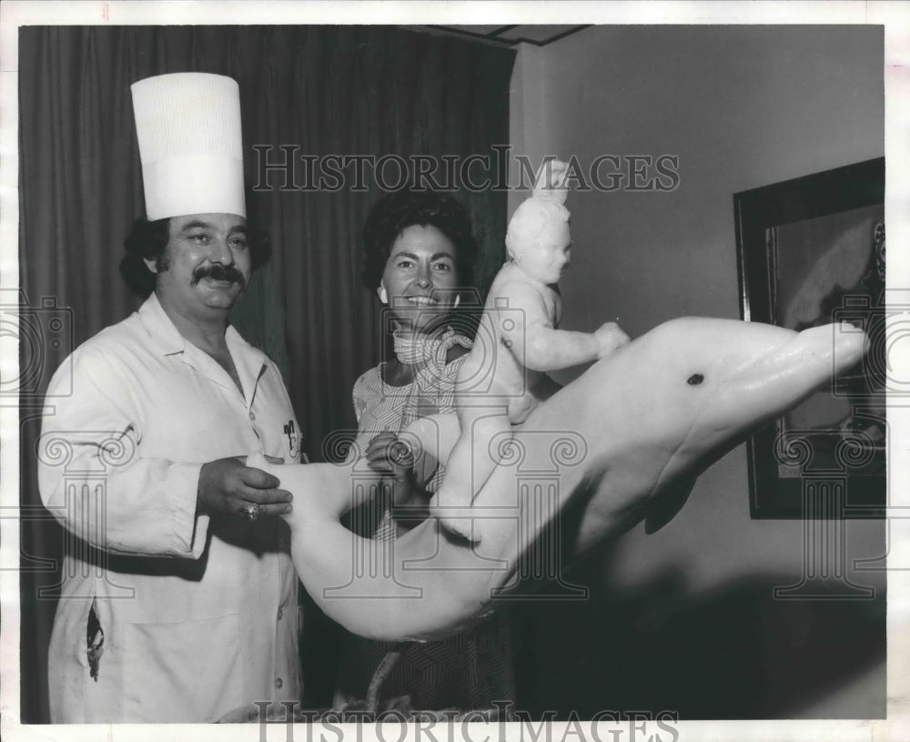 1975, Mrs. Glenn Ireland II with Chef Katapolis and Ice Sculpture - Historic Images