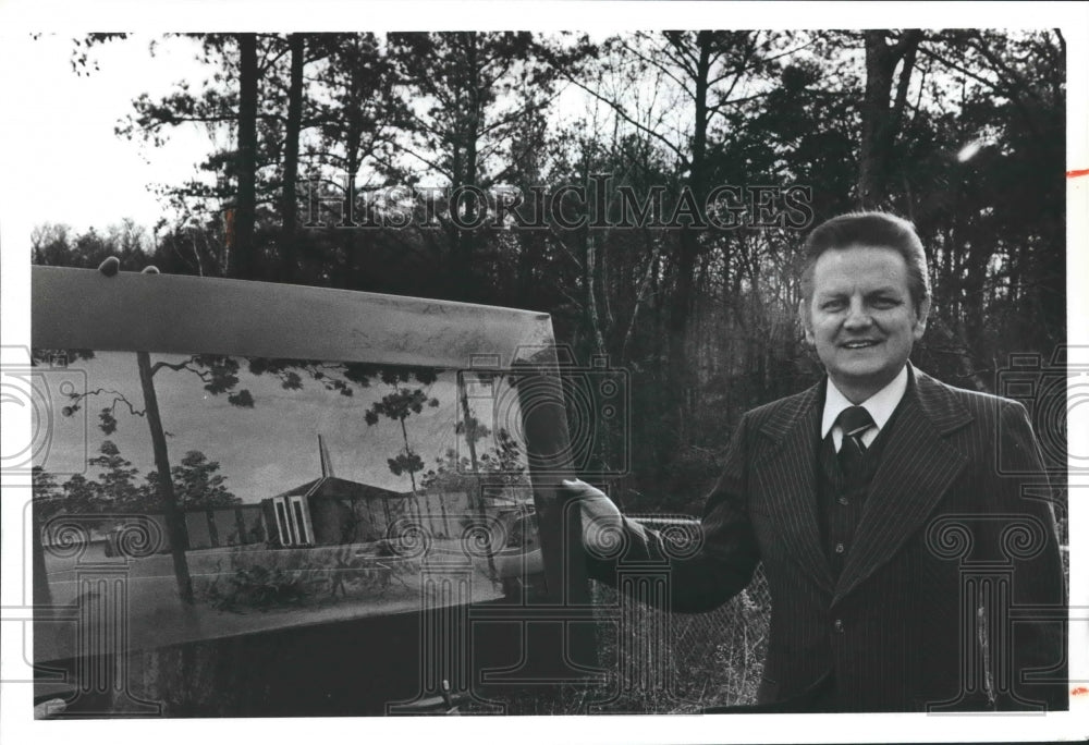 1982 Reverend Jerry Jenkins displays picture of church, Clergyman - Historic Images