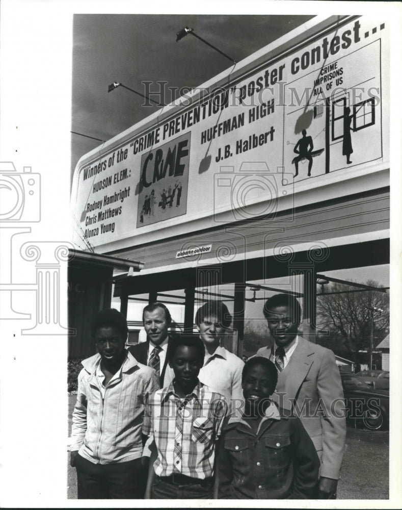 1980, Crime prevention poster contest winners pose with Ken Lewis - Historic Images