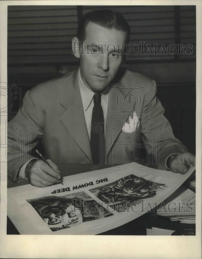 1943, James Mills, Editor, live with &#39;Dig Down Deep&quot; poster - Historic Images