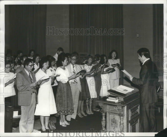 1978, Clergyman Dong Lee, Christians meet for worship in Korean - Historic Images
