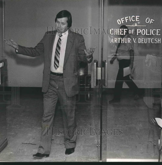 1985, Jimmy Sims Leaving Chief of Police Arthur V. Deutsch's Office - Historic Images