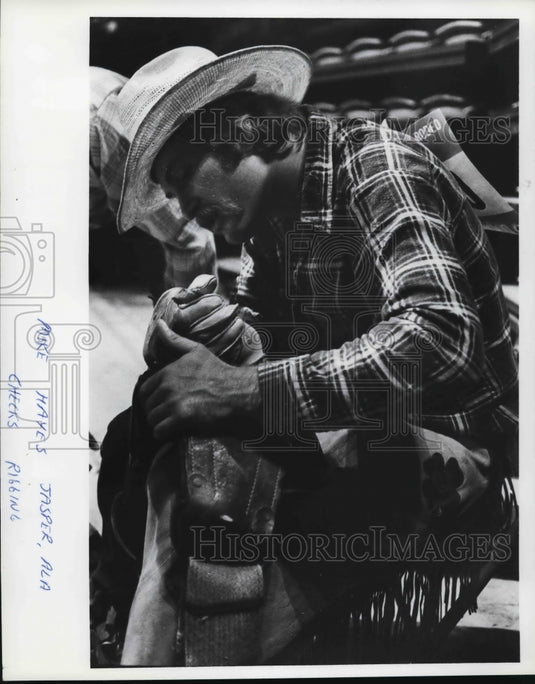 1980 Mike Hayes, Jasper, Alabama, Checks Ribbing Before Bullriding - Historic Images