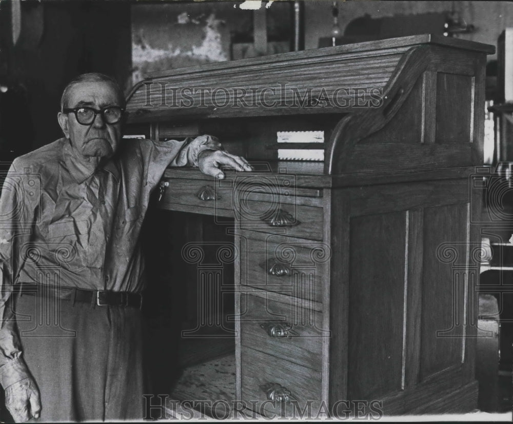 1978, E.K. Thompson, Furniture Builder with rolltop desk he made - Historic Images