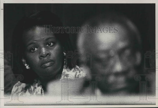1987, Vicki Rivers, council aide with unknown man in front Alabama - Historic Images