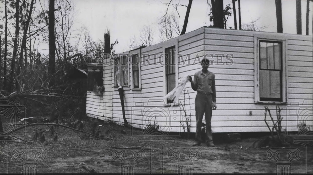 1963, Clifton Trussell in Front of Tornado-Wrecked Home, Alabama - Historic Images