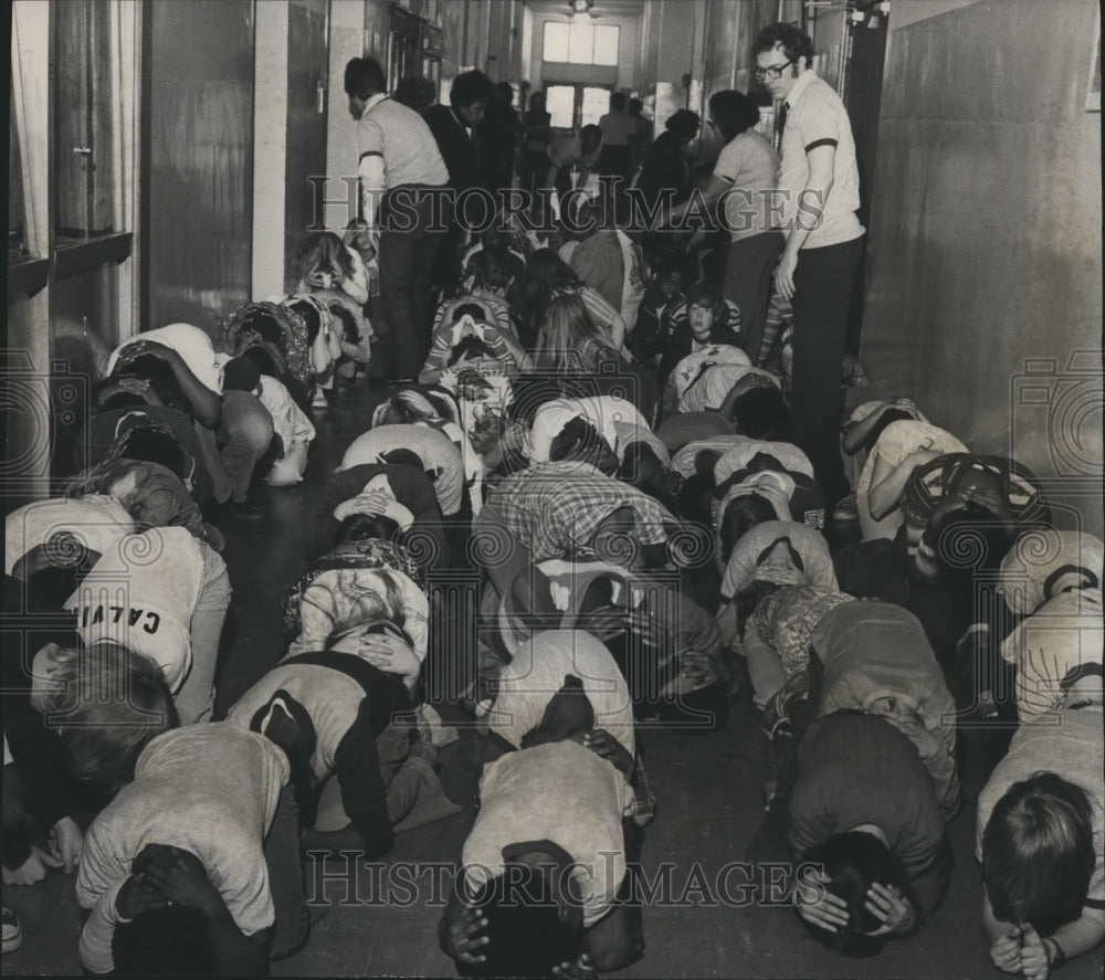 1978 Barrett School in East Lake conducting tornado drill, Alabama - Historic Images