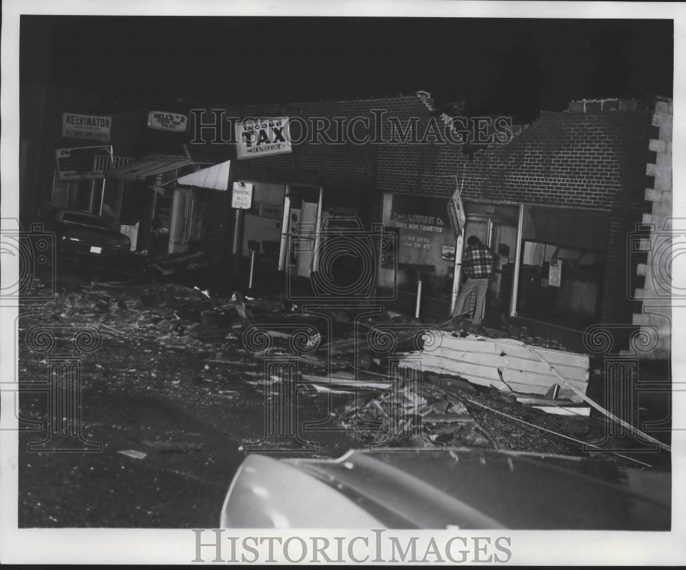 1975, Business complex damaged by tornado in Pell City, Alabama - Historic Images