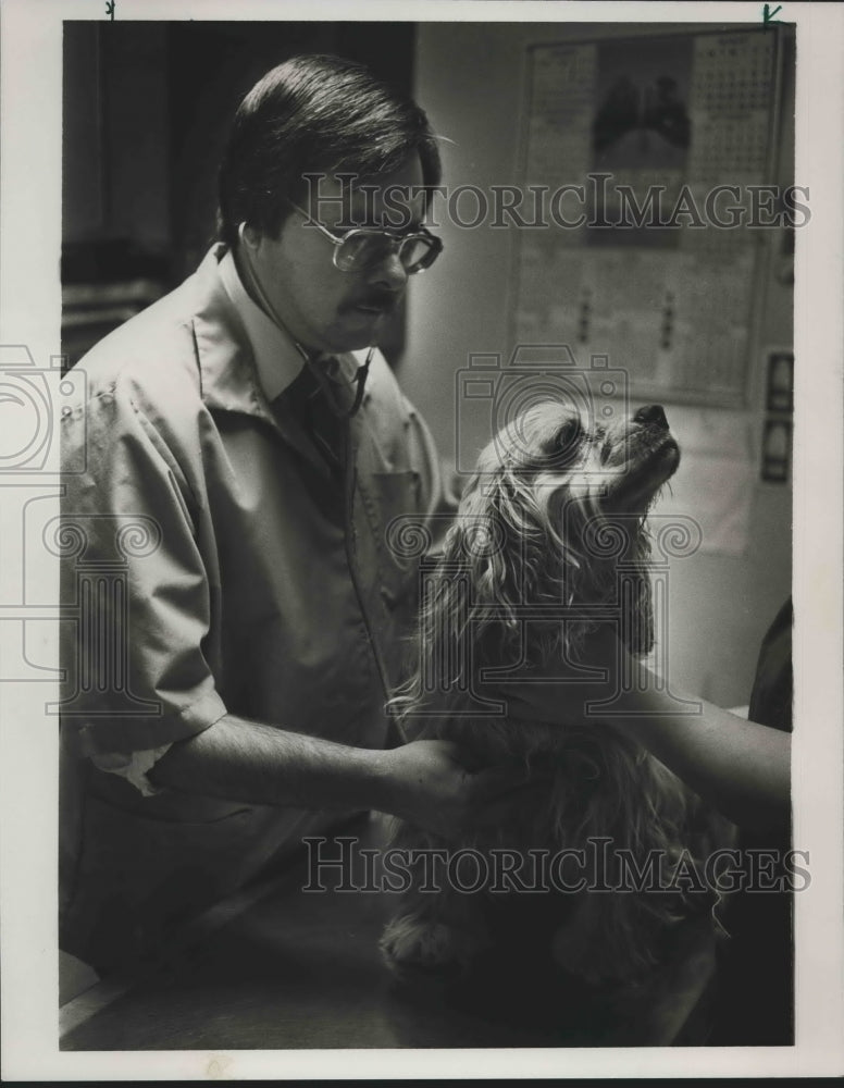 1986 Dr. Andrew Thompson examines dog in Roebuck - Historic Images