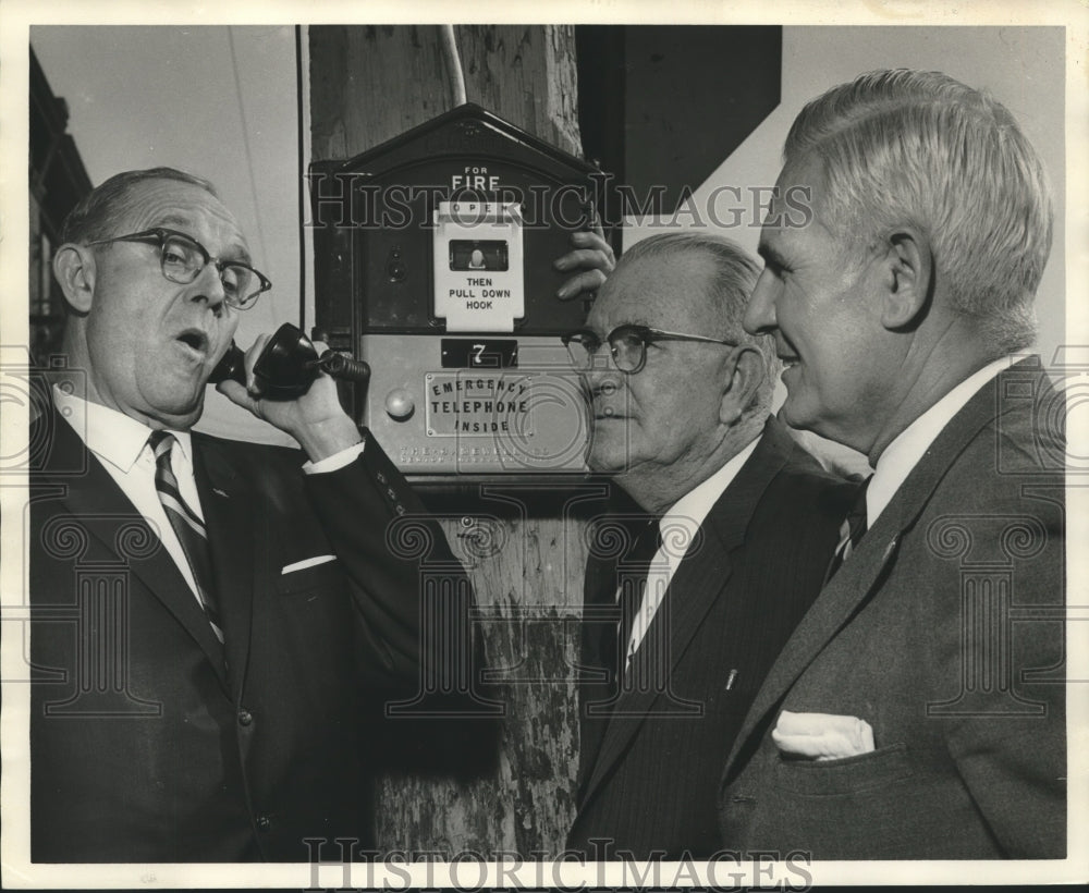 Press Photo Mayor Albert Boutwell, with others, on emergency phone, Birmingham - Historic Images