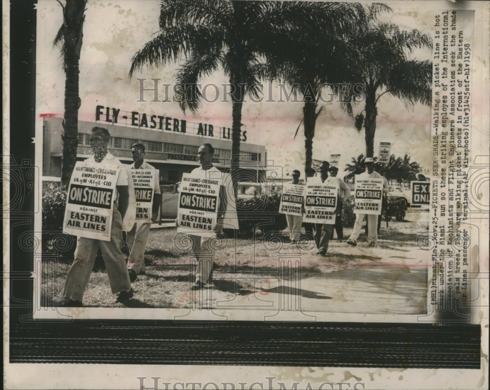 1958 Press Photo Eastern Air Lines Employees walking Picket Line in Miami - Historic Images