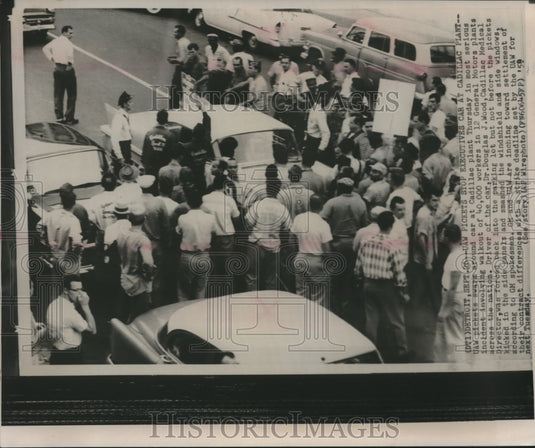 1959, Picketers at Cadillac Plant of General Motors surrounding car - Historic Images