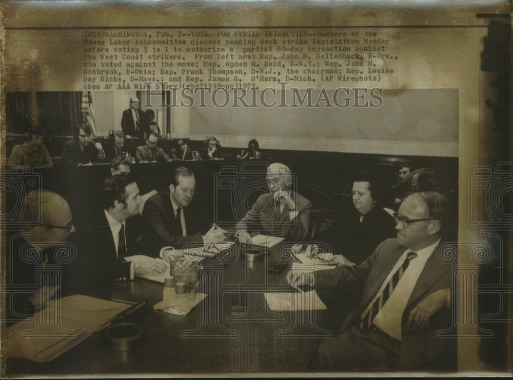 1972, Members of the House Labor subcommittee discuss dock strike - Historic Images