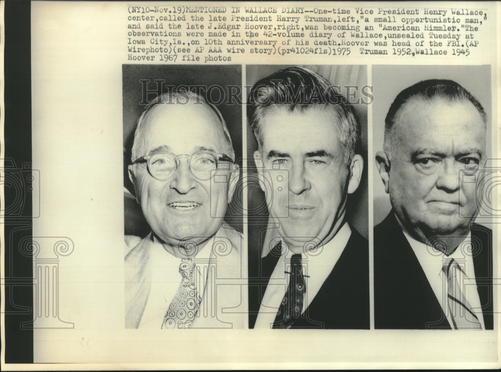 1945, Late Presidents Harry Truman, J. Edgar Hoover and Henry Wallace - Historic Images