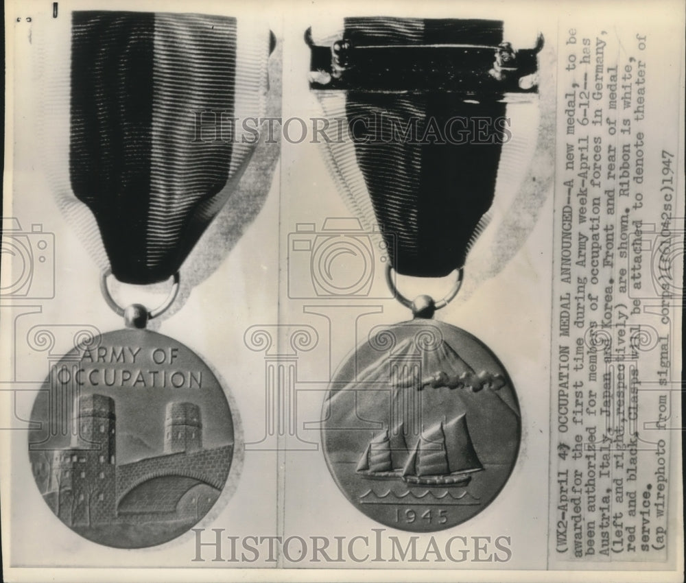 1947 Press Photo Occupation Medal Front and Back for Army Members - abna42224 - Historic Images