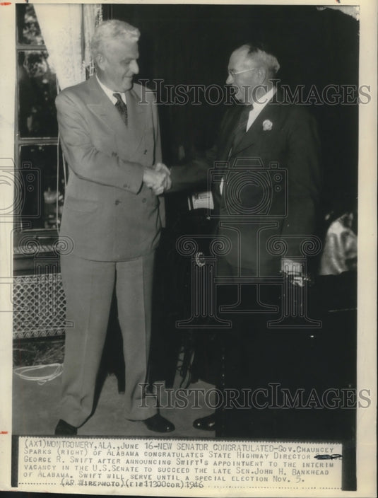 1946, Governor Chauncey Sparks Lauds George R. Swift's new position - Historic Images