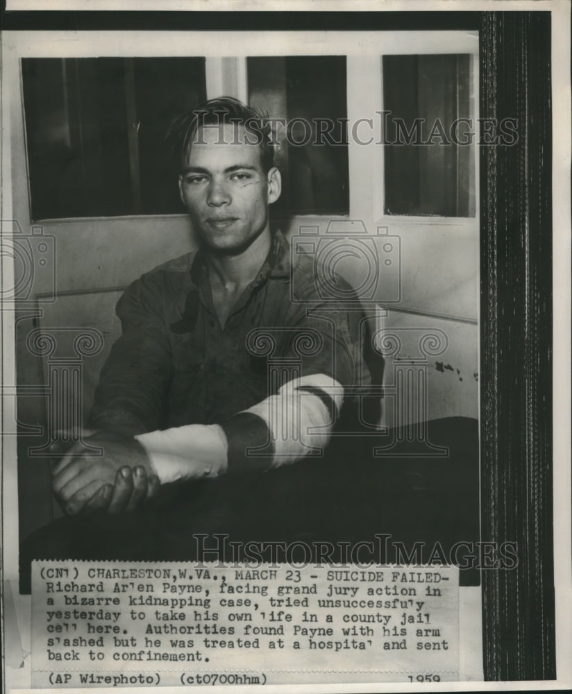 1959 Press Photo Richard Arlen Payne, facing grand jury action, and bandaged arm- Historic Images