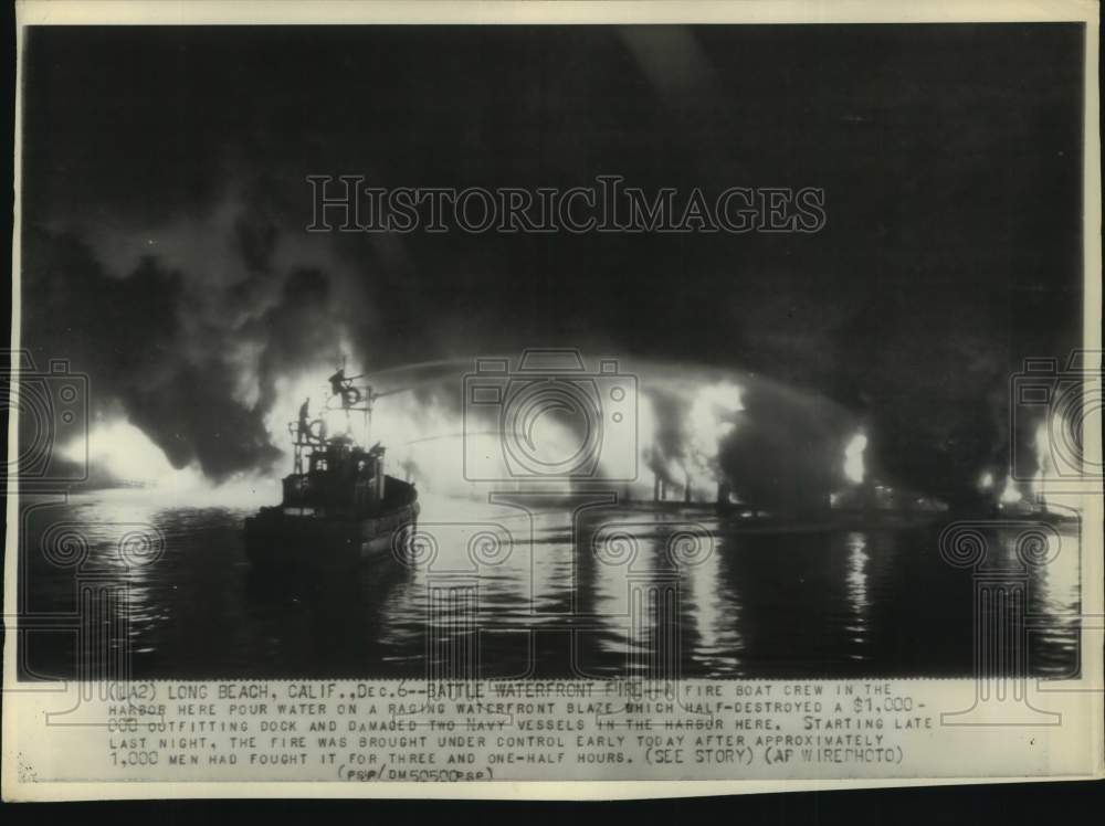 1945, Fire Boat Crew Fights Blaze, Long Beach, California, Waterfront - Historic Images