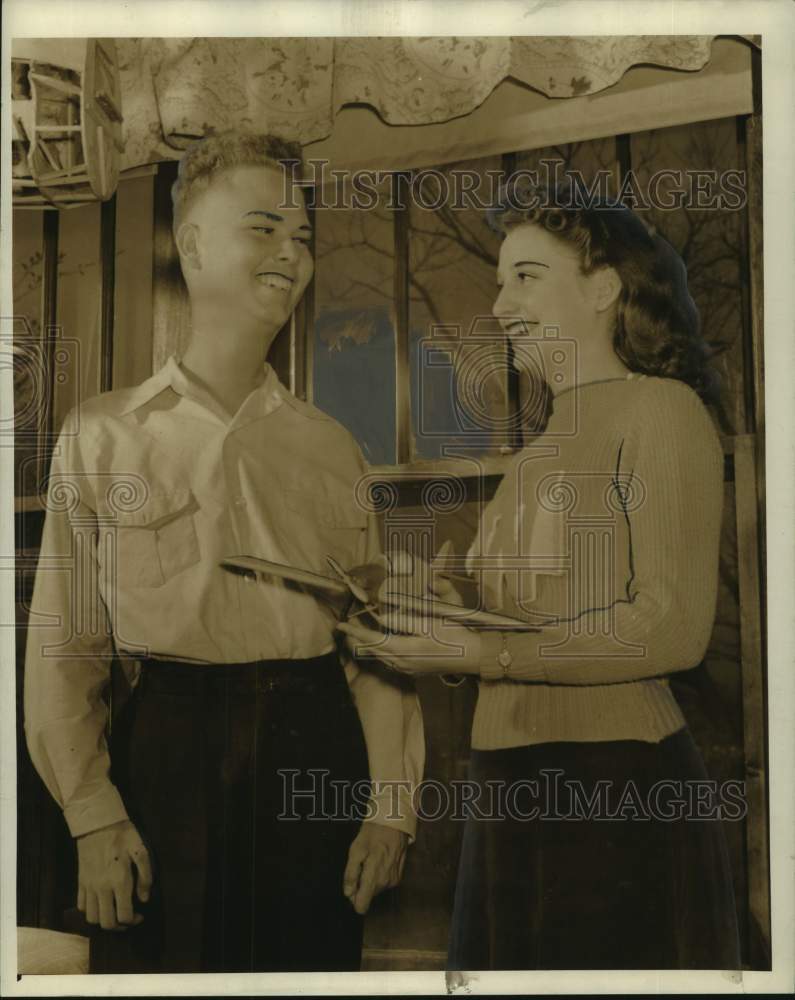 1942, Charles Boyd and Mary Barbara Smith With Model of Airplane - Historic Images